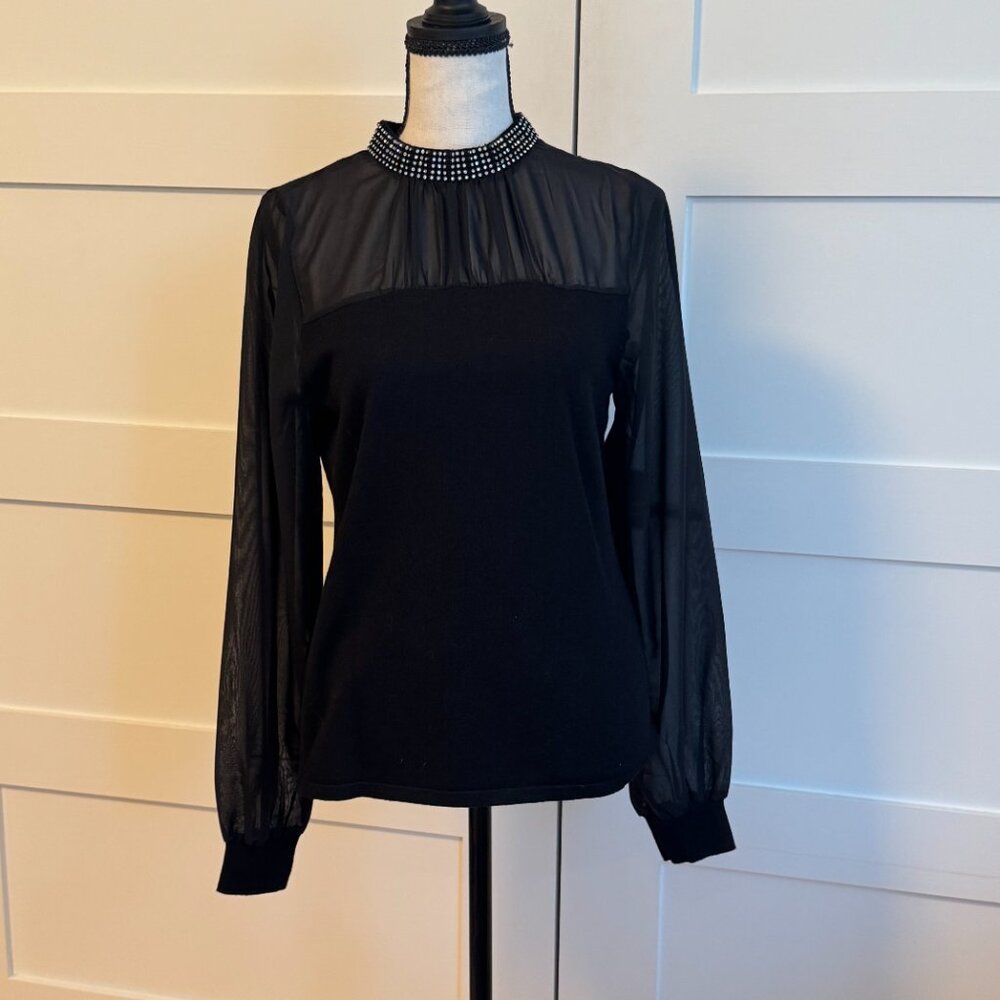 EUC - Elegant sheer sleeve top with rhinestone collar - size S - Picture 3 of 7